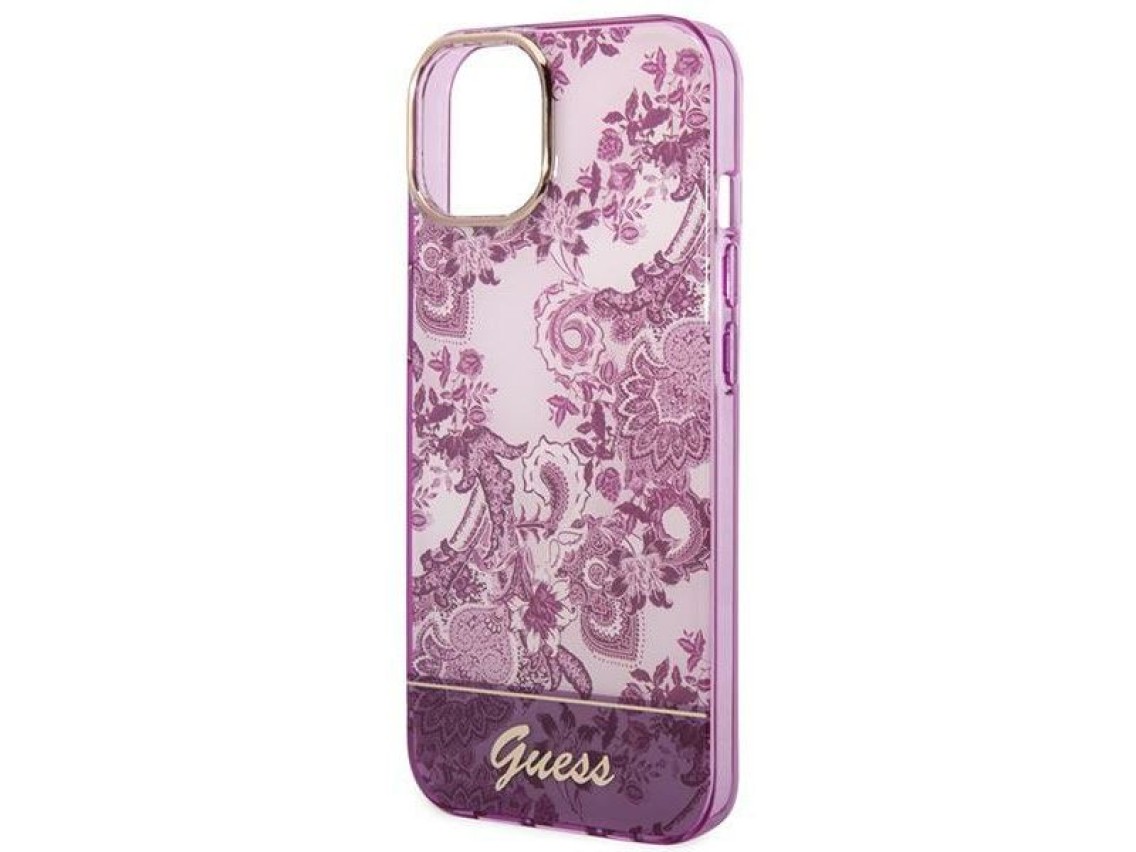 Capa rígida Guess GUHCP14MHGPLHF para iPhone 14 Plus de 6,7" na cor fúcsia, coleção Porcelain.