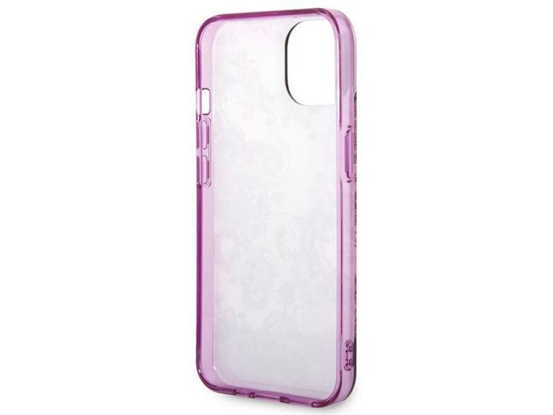 Capa rígida Guess GUHCP14MHGPLHF para iPhone 14 Plus de 6,7" na cor fúcsia, coleção Porcelain.