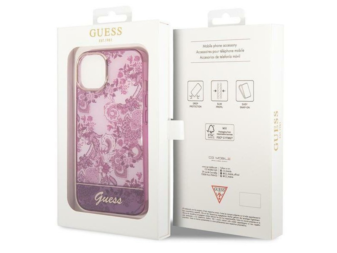 Capa rígida Guess GUHCP14MHGPLHF para iPhone 14 Plus de 6,7" na cor fúcsia, coleção Porcelain.