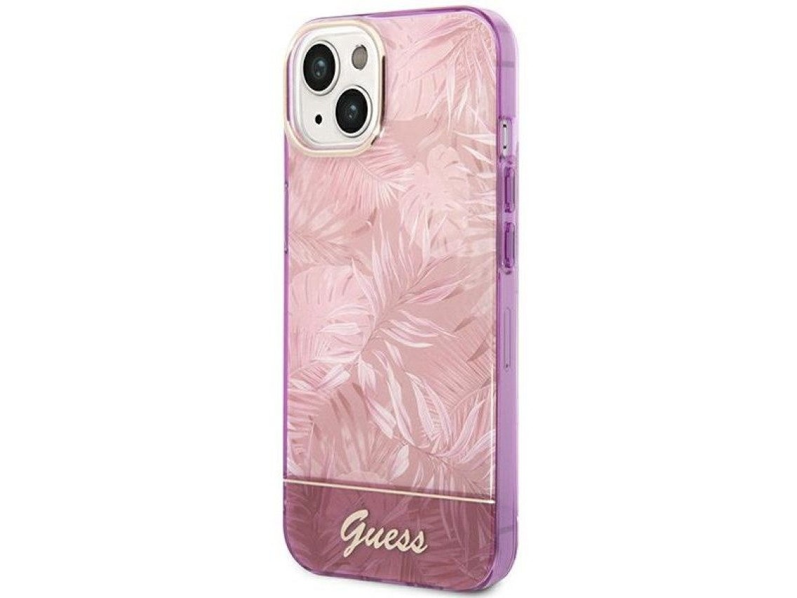 Funda rígida rosa para iPhone 14 Plus de 6,7" de Guess GUHCP14MHGJGHP, colección Jungle.