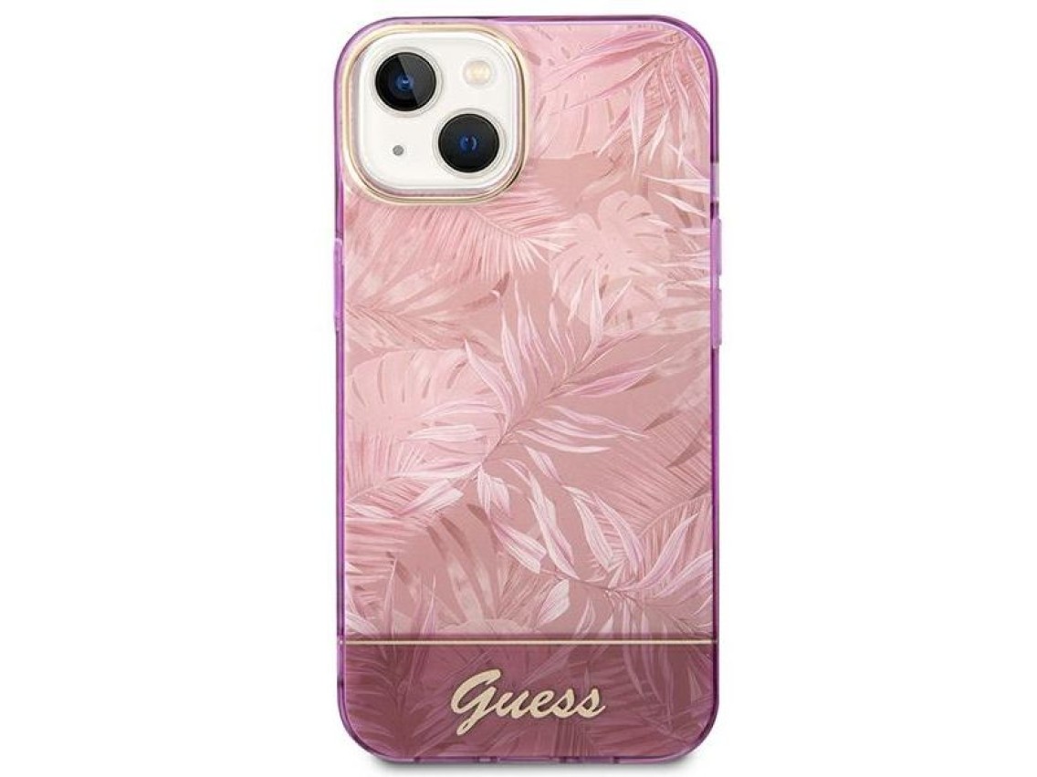 Funda rígida rosa para iPhone 14 Plus de 6,7" de Guess GUHCP14MHGJGHP, colección Jungle.