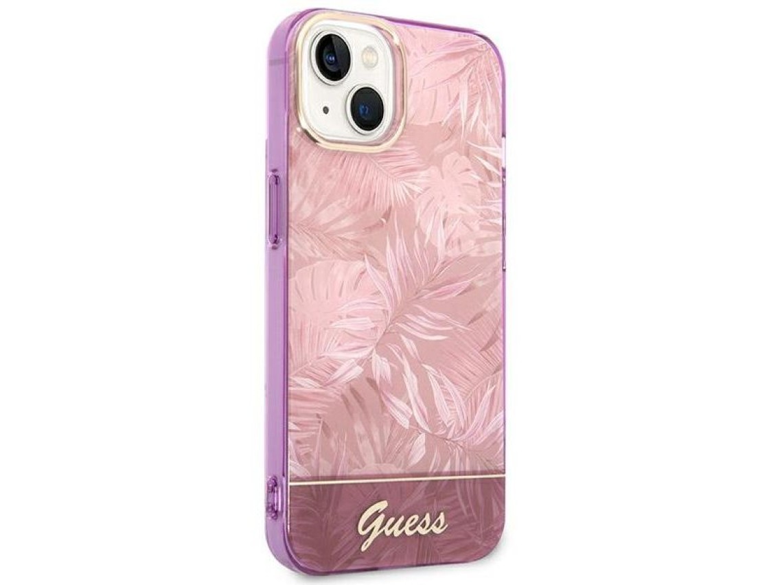 Funda rígida rosa para iPhone 14 Plus de 6,7" de Guess GUHCP14MHGJGHP, colección Jungle.
