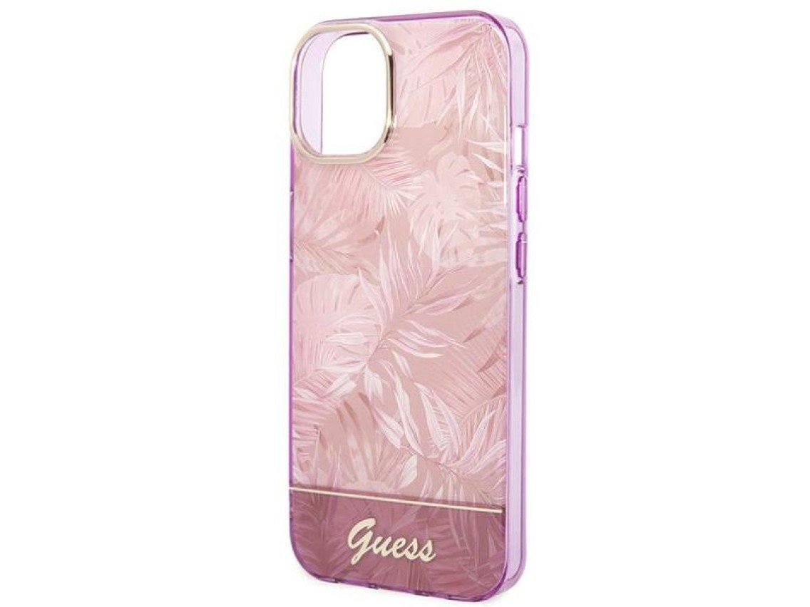 Funda rígida rosa para iPhone 14 Plus de 6,7" de Guess GUHCP14MHGJGHP, colección Jungle.