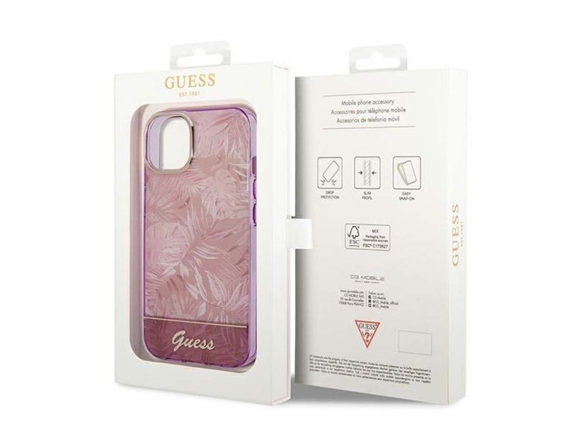 Funda rígida rosa para iPhone 14 Plus de 6,7" de Guess GUHCP14MHGJGHP, colección Jungle.