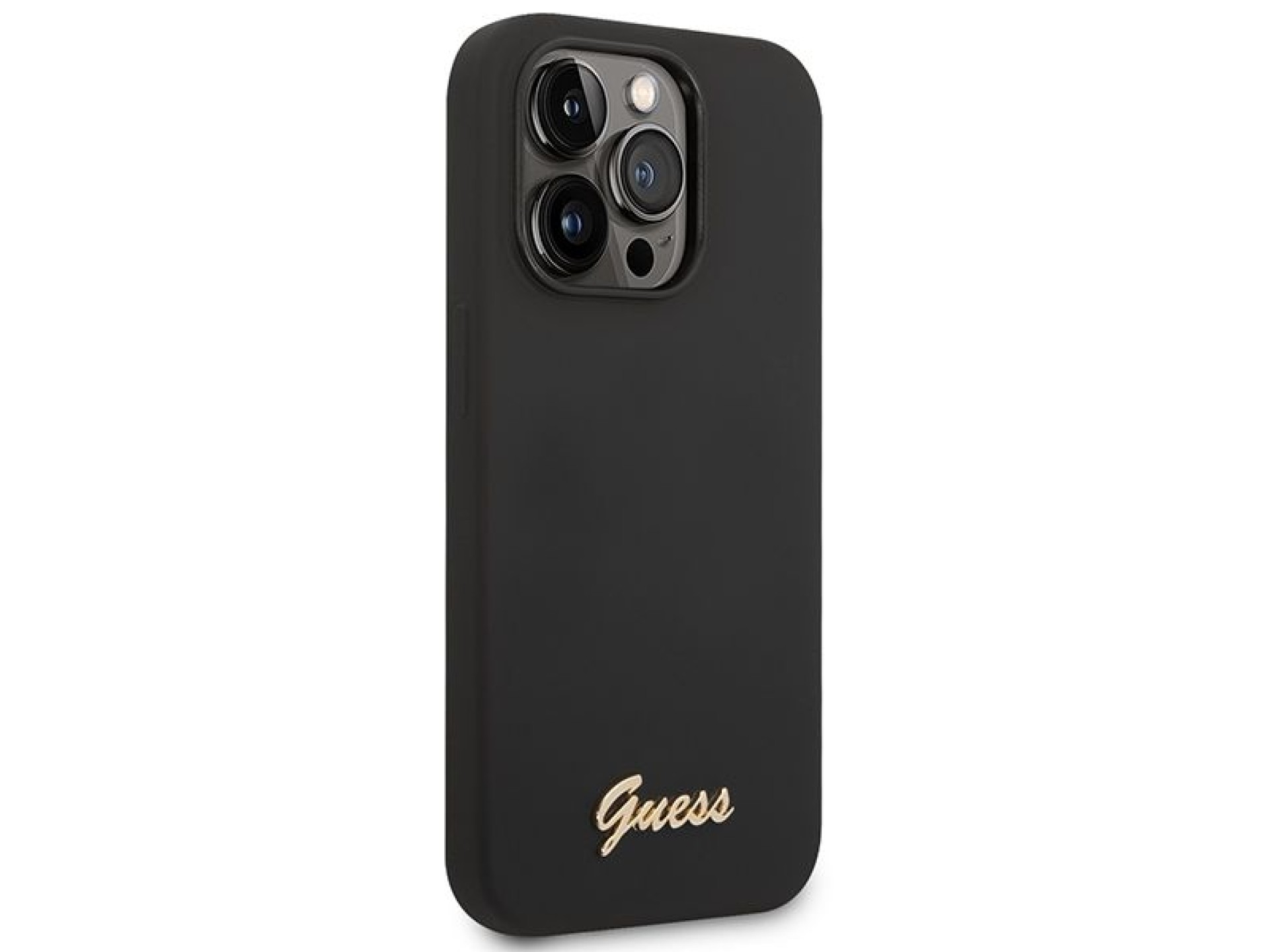 Capa Guess de silicone com logo vintage dourado para iPhone 14 Pro - Preta