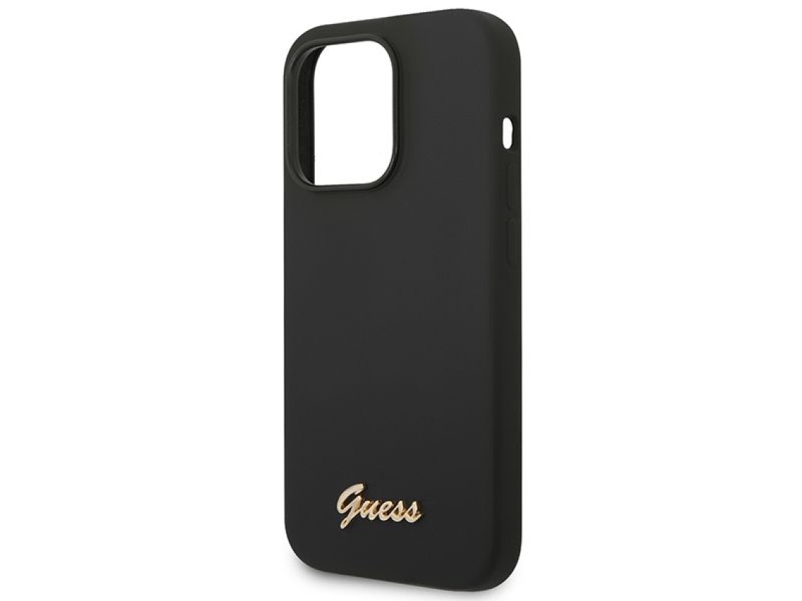 Capa Guess de silicone com logo vintage dourado para iPhone 14 Pro - Preta