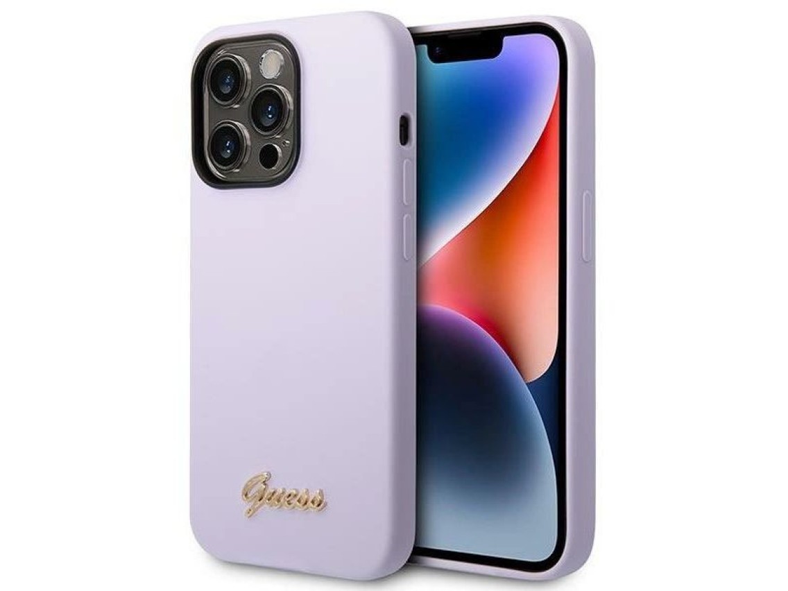 Capa rígida de silicone Guess GUHCP14XSLSMU para iPhone 14 Pro Max 6.7" roxa/roxa com logo dourado v