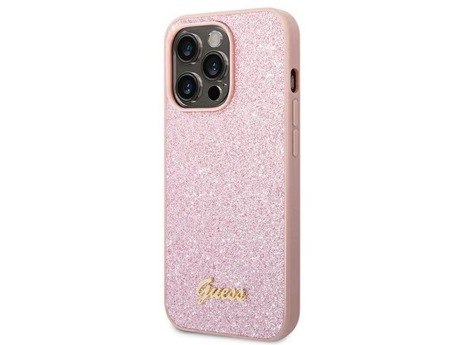 Capa rígida rosa com glitter e inscrição