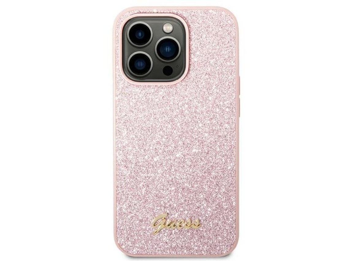 Capa rígida rosa com glitter e inscrição "Guess GUHCP14LHGGSHP iPhone 14 Pro 6,1"