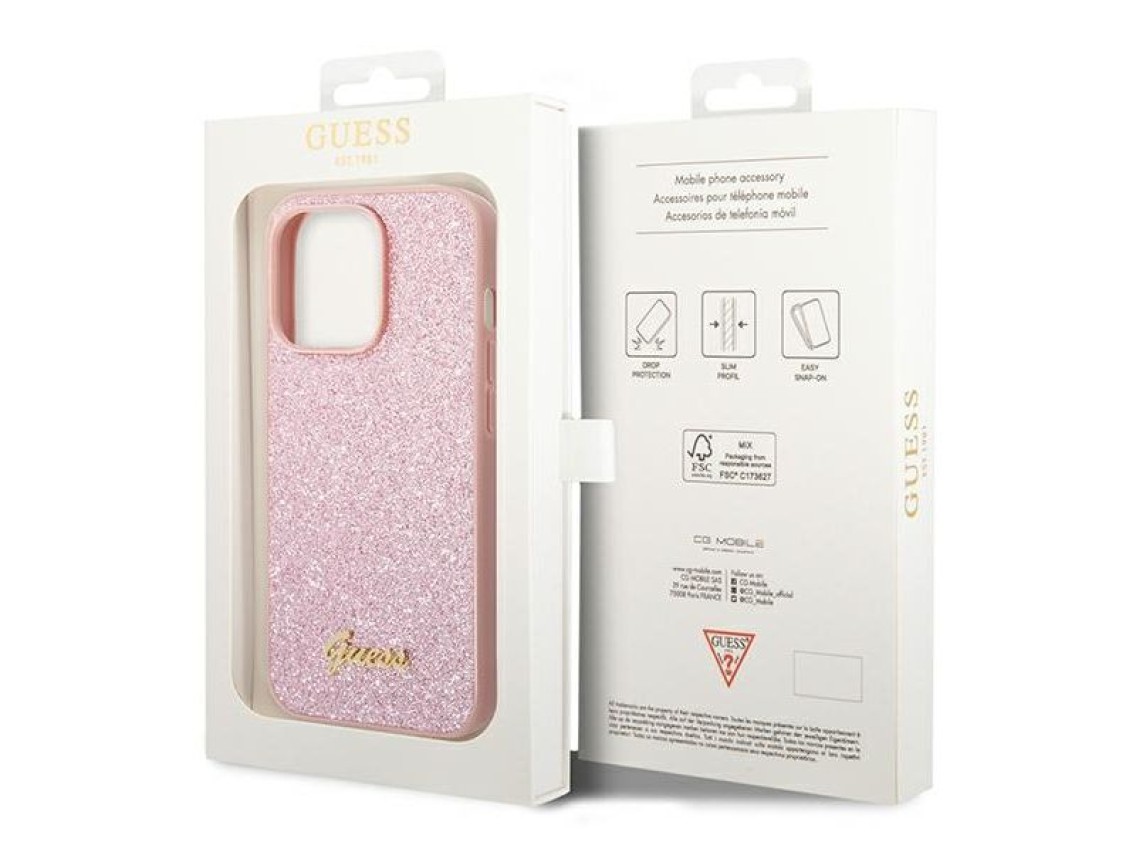 Capa rígida rosa com glitter e inscrição "Guess GUHCP14LHGGSHP iPhone 14 Pro 6,1"