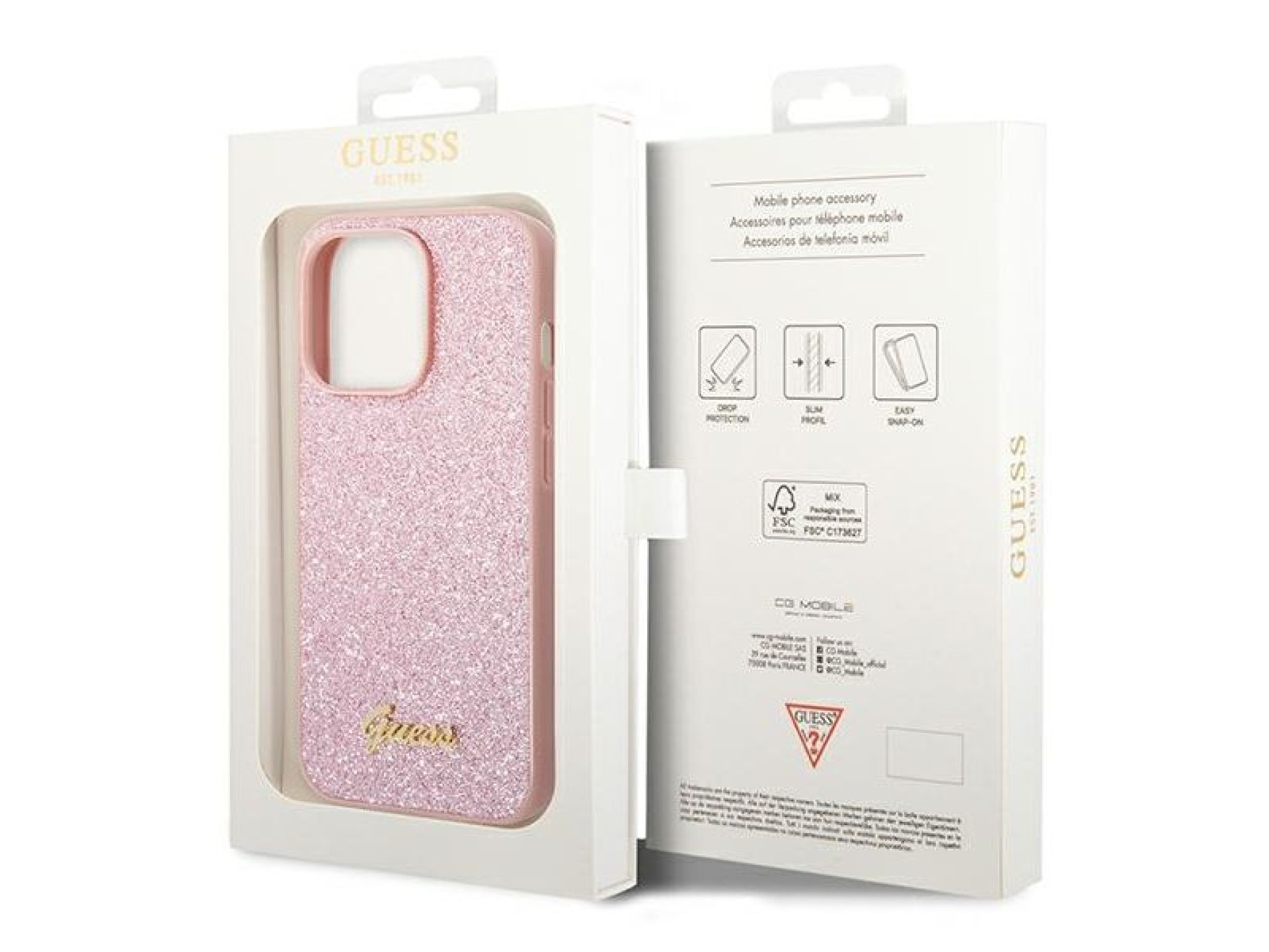 Capa rígida rosa com glitter e inscrição