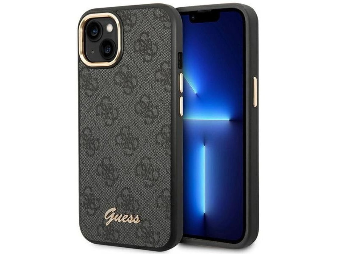 Funda rígida negra Guess GUHCP14SHG4SHK para iPhone 14 de 6,1 pulgadas, 4G, con logo dorado vintage.