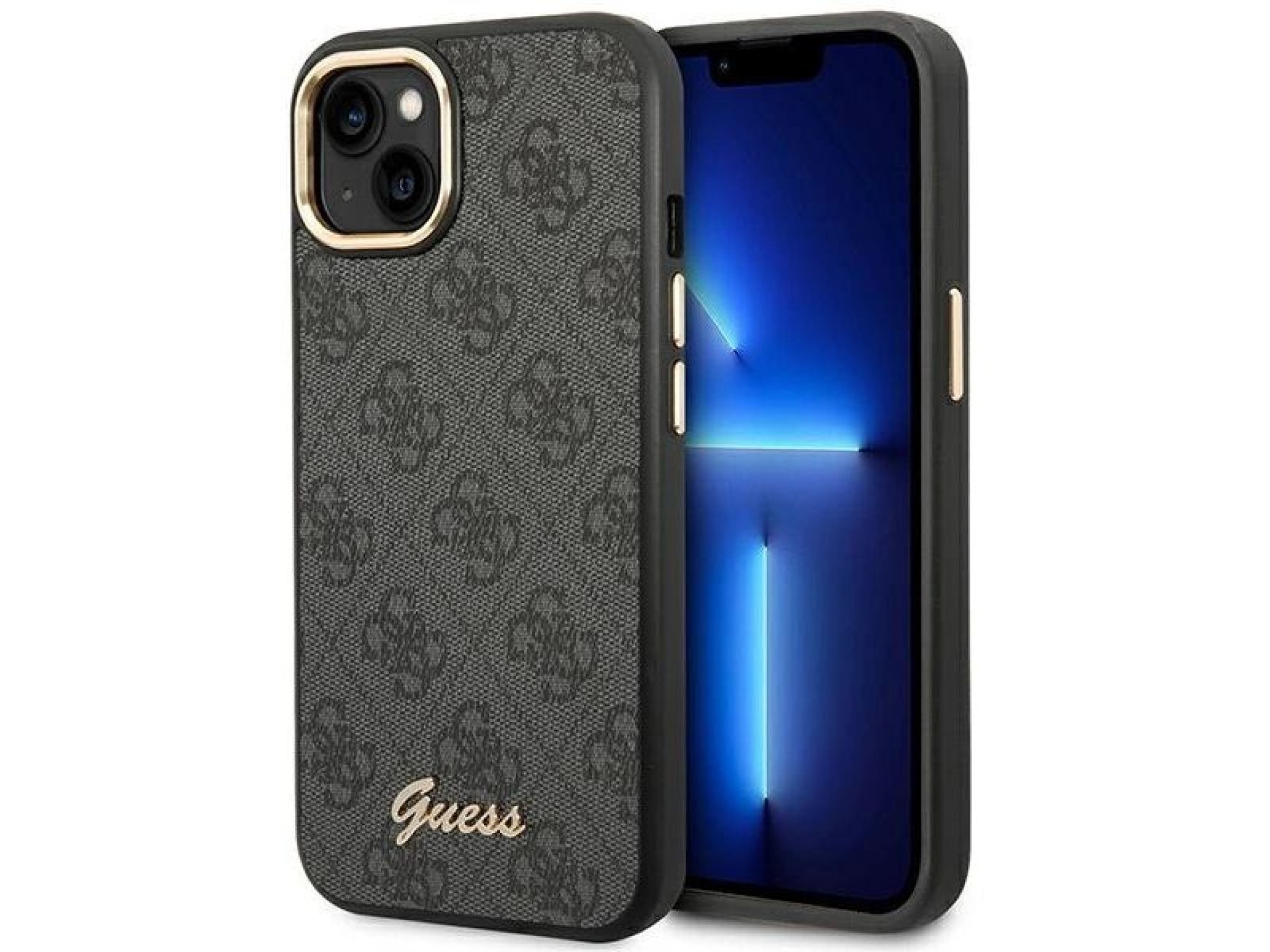 Funda rígida negra Guess GUHCP14SHG4SHK para iPhone 14 de 6,1 pulgadas, 4G, con logo dorado vintage.