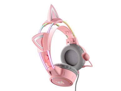 Fones de ouvido para jogos ONIKUMA X15Pro rosa/orelhas de gato