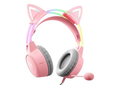 Fones de ouvido para jogos ONIKUMA X15Pro rosa/orelhas de gato