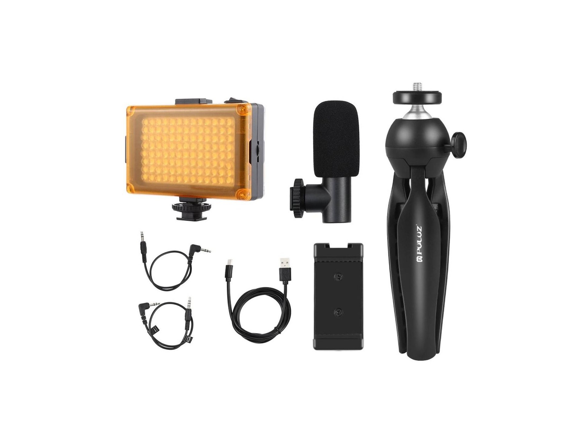 Kit de gravação ao vivo Puluz: tripé + luz LED + microfone + suporte para celular PKT3132B