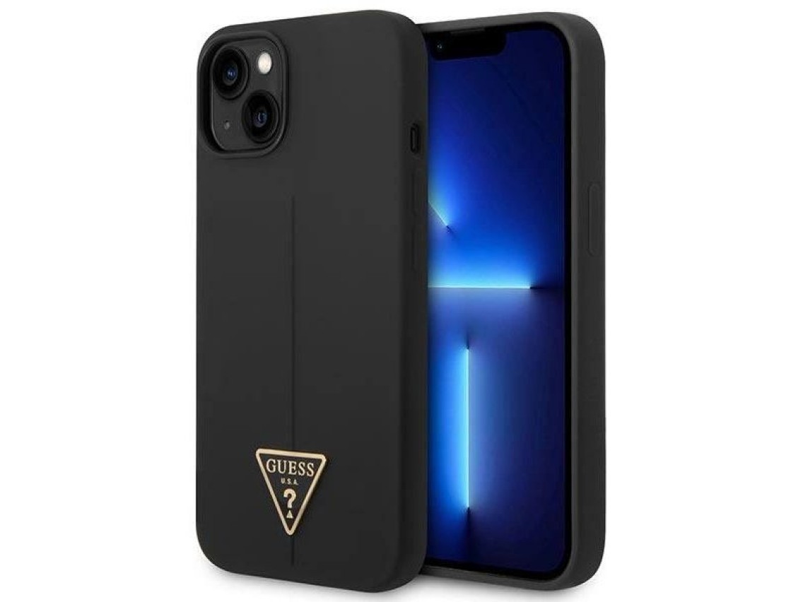 Capa rígida de silicone triangular preta/preta Guess GUHCP14MSLTGK para iPhone 14 Plus de 6,7".