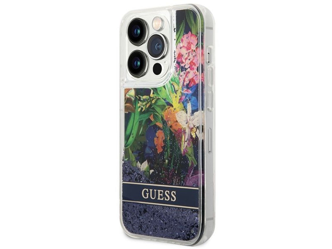 Funda Guess Flower Liquid Glitter para iPhone 14 Pro Max - azul