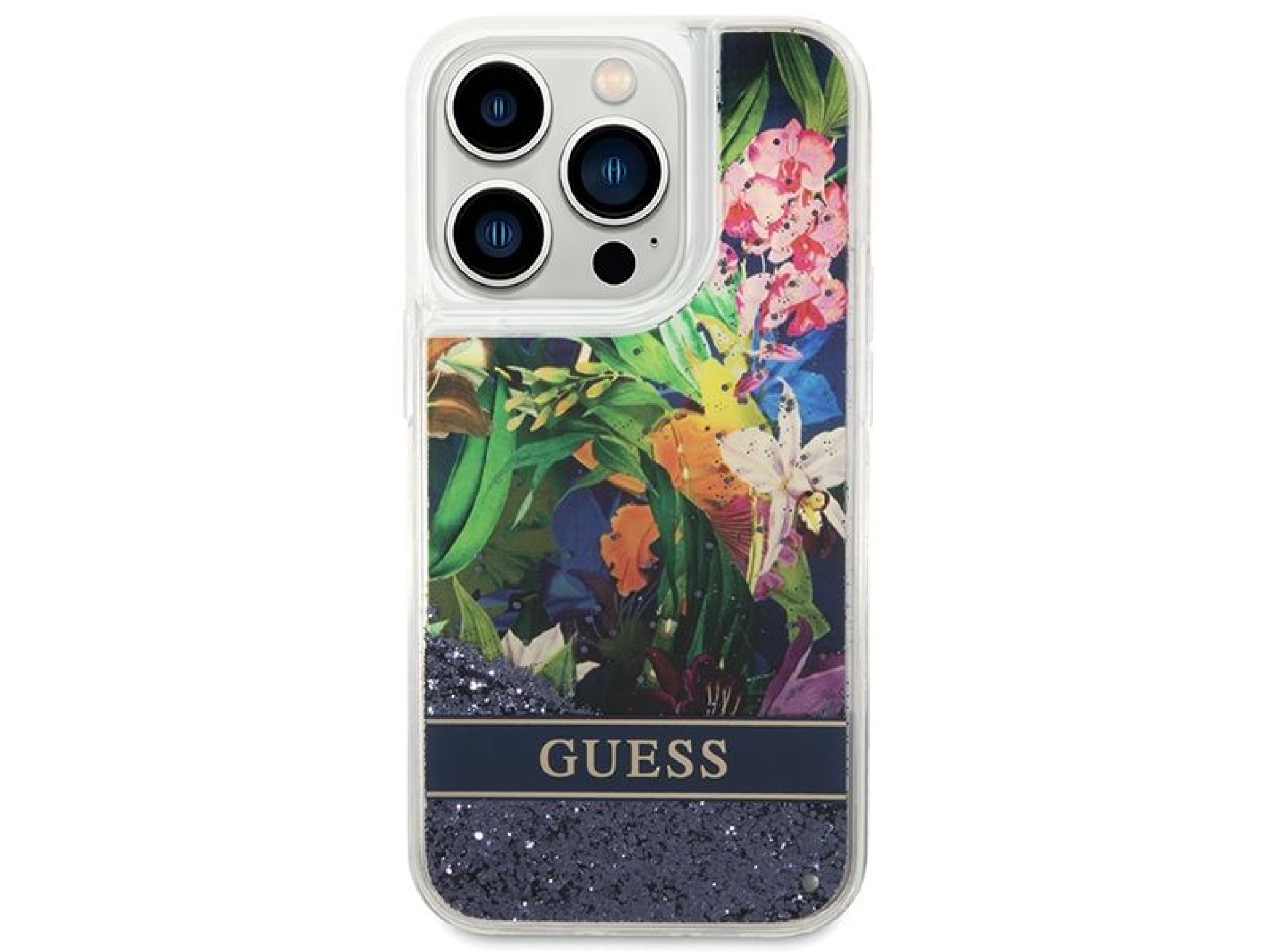 Funda Guess Flower Liquid Glitter para iPhone 14 Pro Max - azul