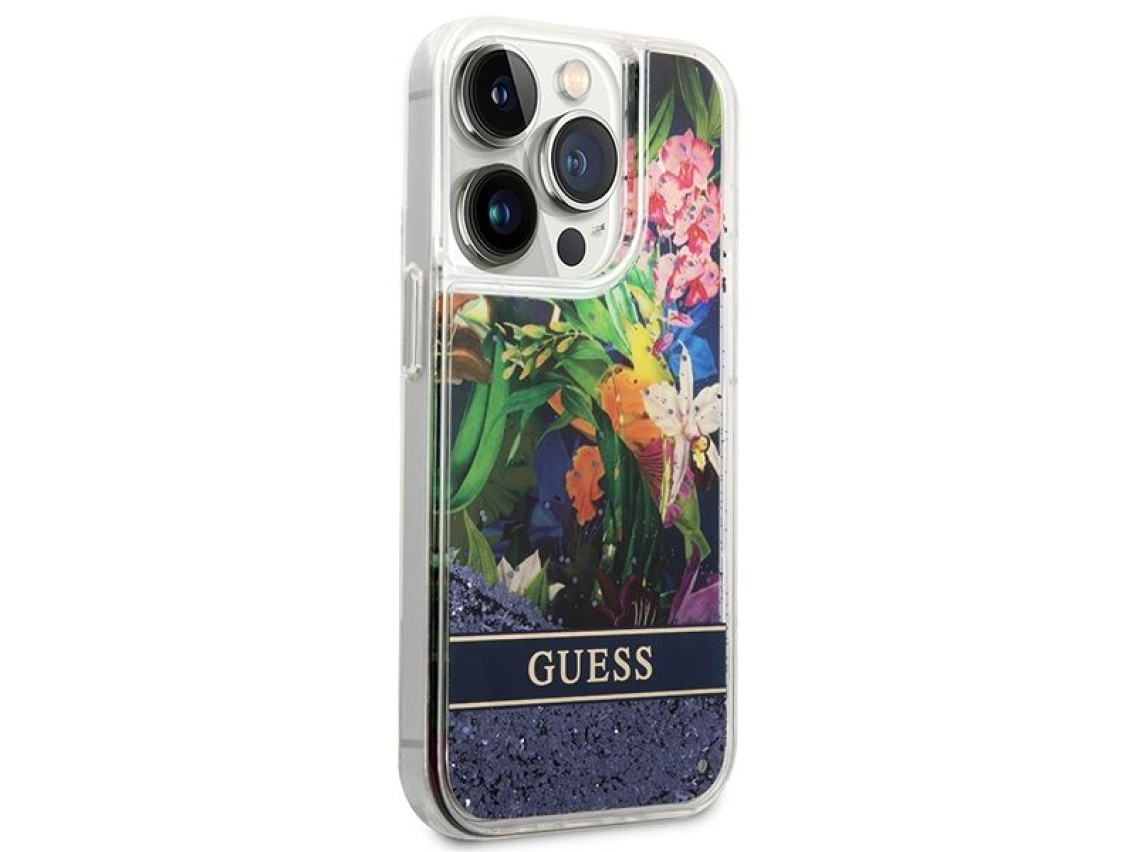 Funda Guess Flower Liquid Glitter para iPhone 14 Pro Max - azul