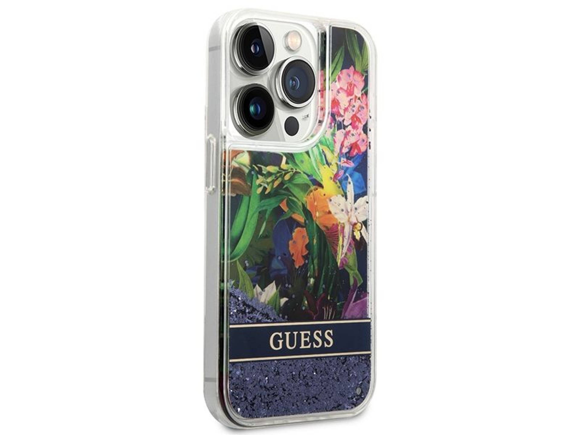 Funda Guess Flower Liquid Glitter para iPhone 14 Pro Max - azul