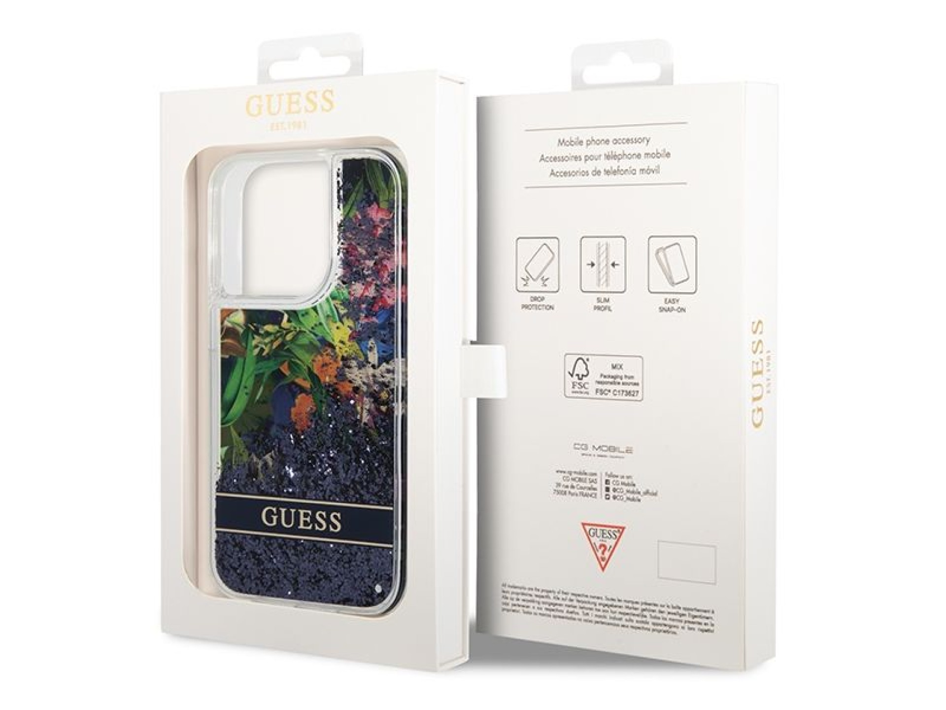 Funda Guess Flower Liquid Glitter para iPhone 14 Pro Max - azul