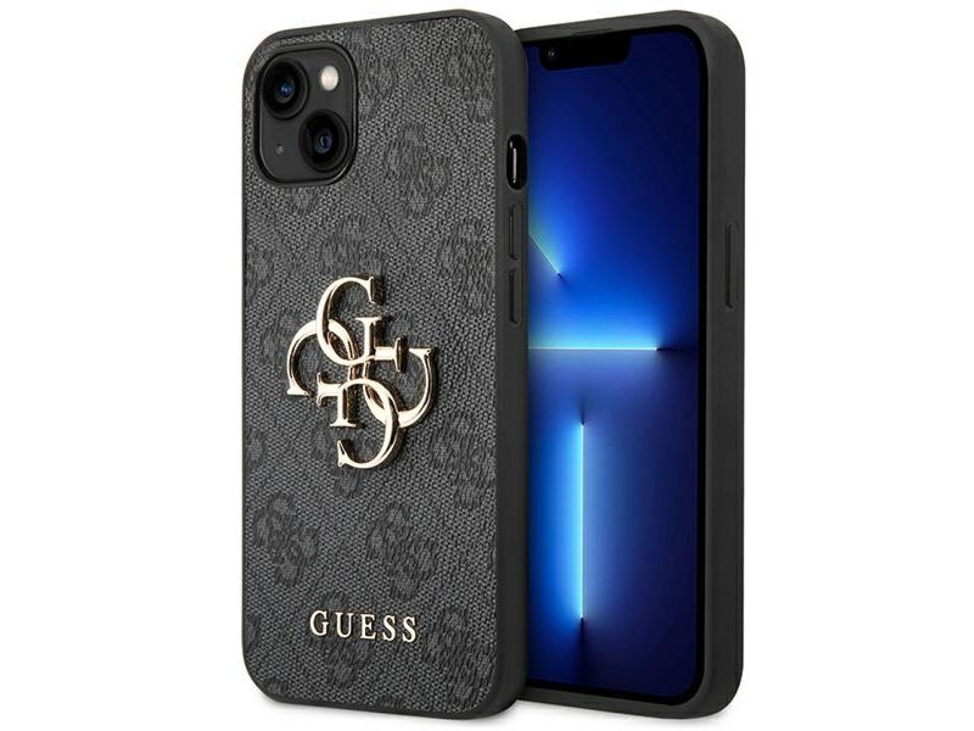 Capa Guess 4G com logo grande em metal para iPhone 14 - Cinza