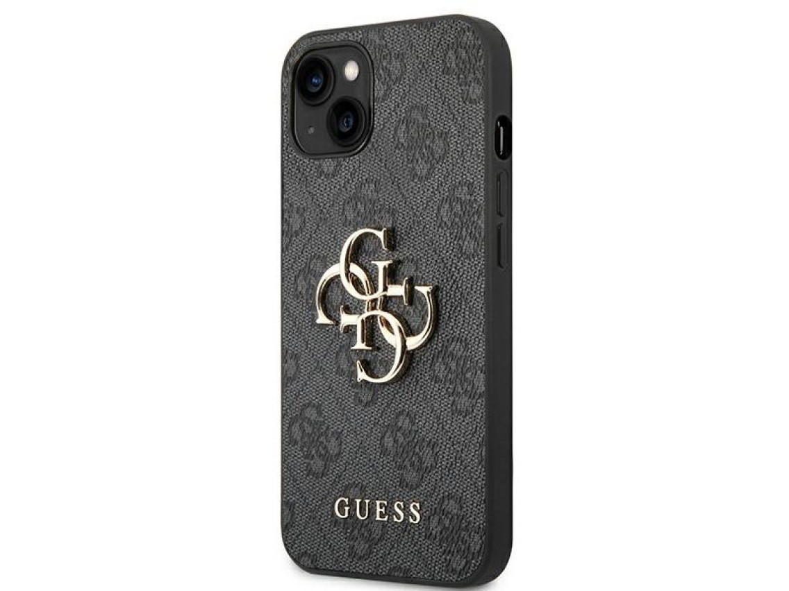 Capa Guess 4G com logo grande em metal para iPhone 14 - Cinza