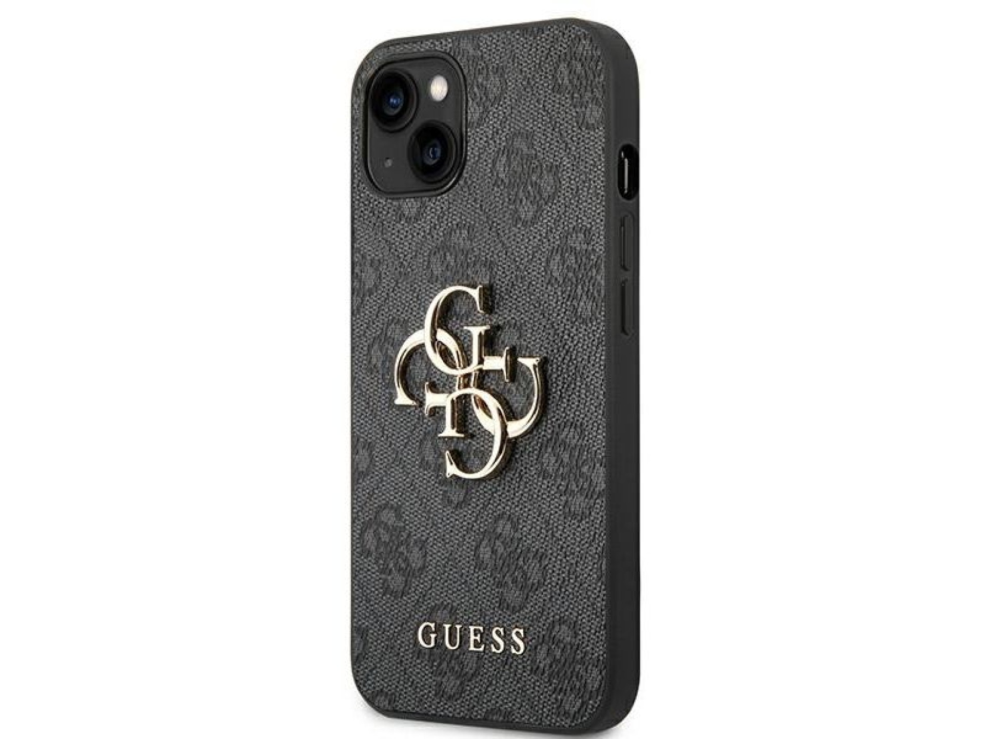 Capa Guess 4G com logo grande em metal para iPhone 14 - Cinza