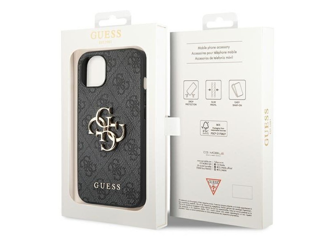 Capa Guess 4G com logo grande em metal para iPhone 14 - Cinza