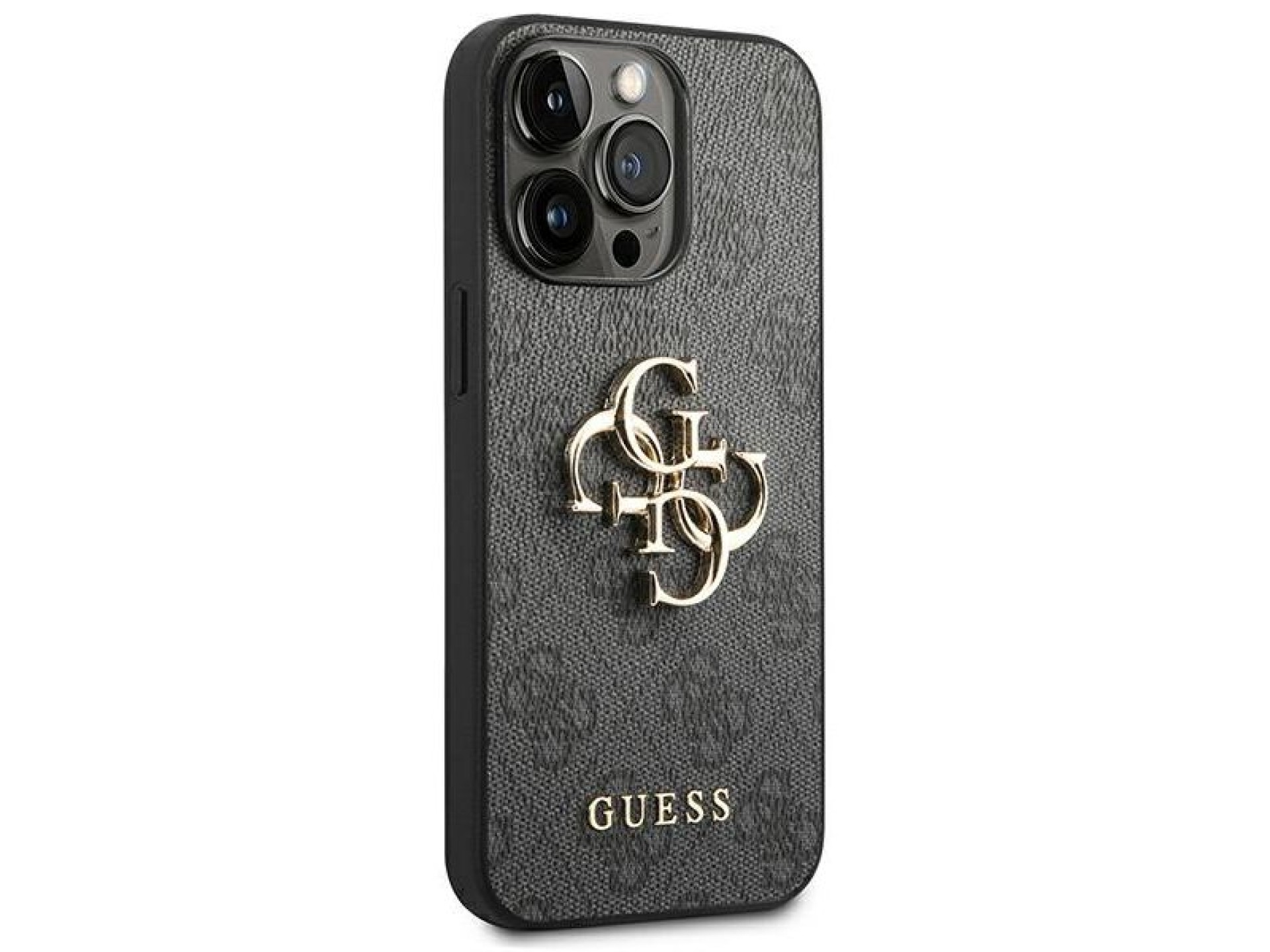 Capa Guess 4G com logo grande em metal para iPhone 14 Pro - Cinza
