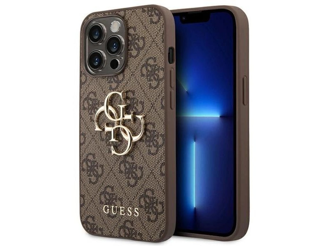 Capa Guess 4G com logo grande em metal para iPhone 14 Pro - Marrom
