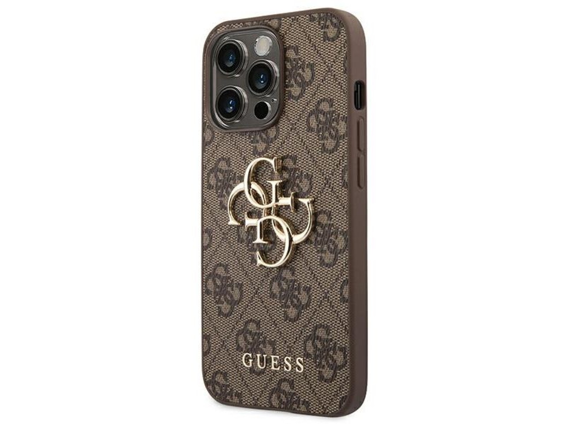 Capa Guess 4G com logo grande em metal para iPhone 14 Pro - Marrom