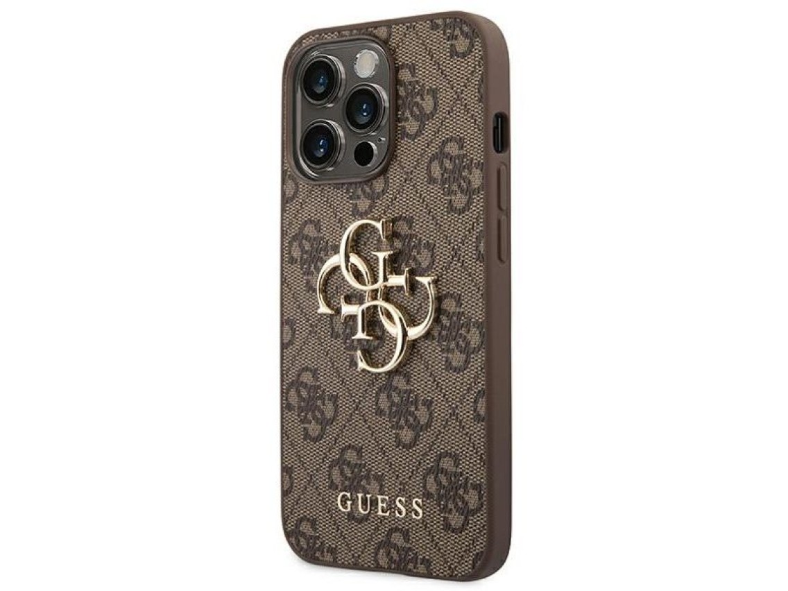 Capa Guess 4G com logo grande em metal para iPhone 14 Pro - Marrom