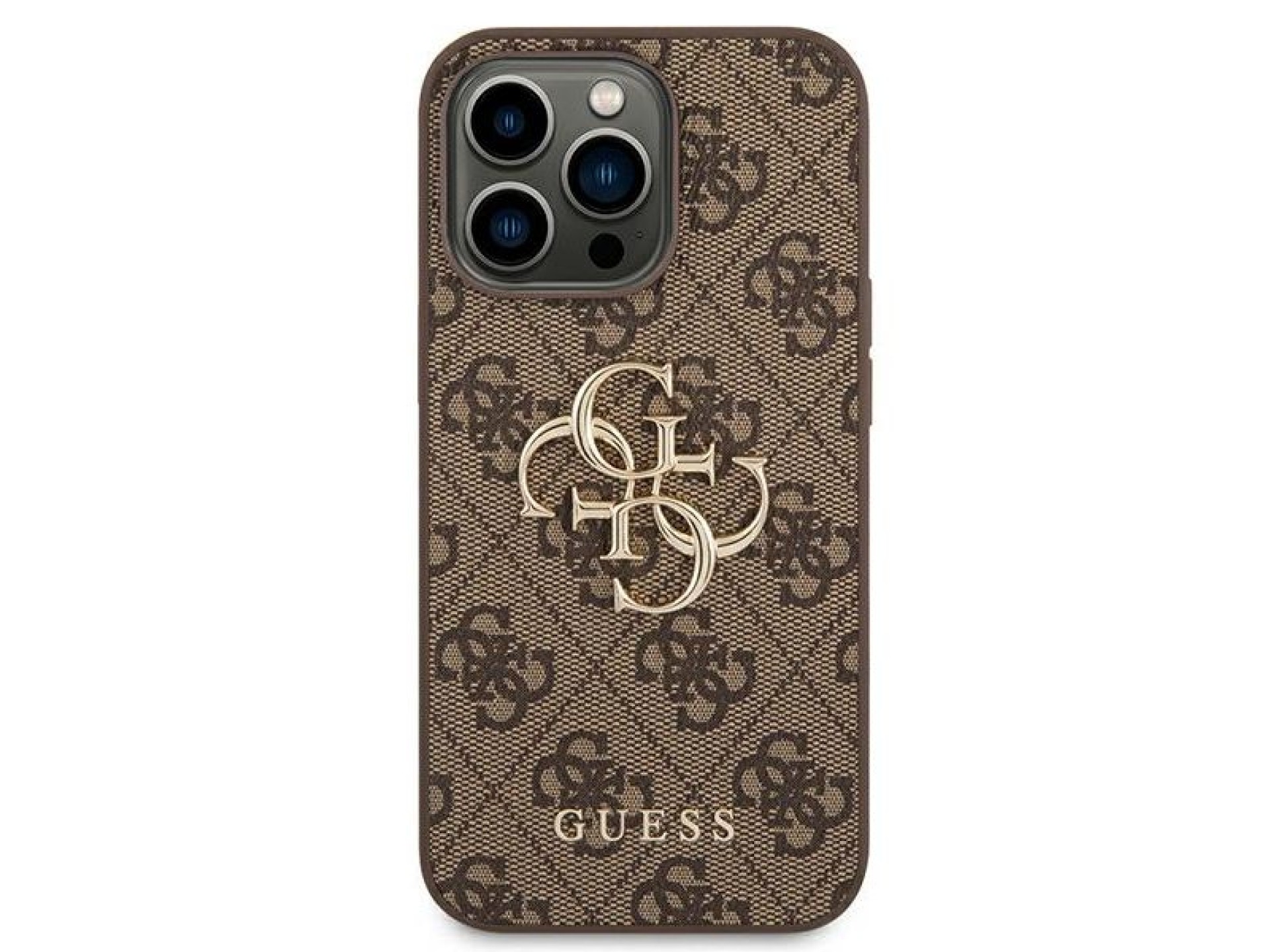 Capa Guess 4G com logo grande em metal para iPhone 14 Pro - Marrom
