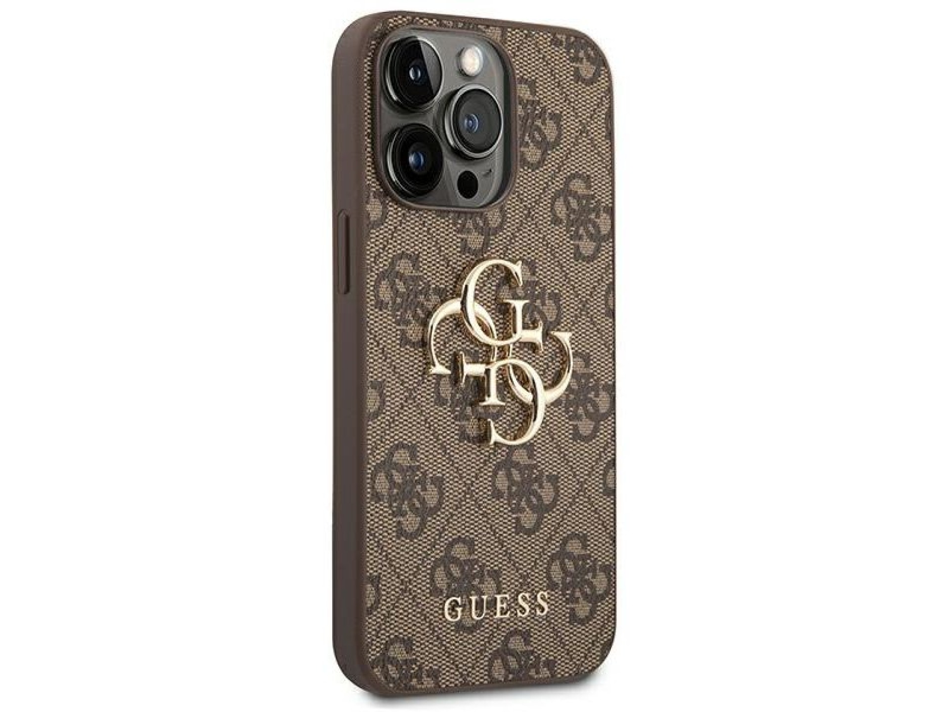 Capa Guess 4G com logo grande em metal para iPhone 14 Pro - Marrom