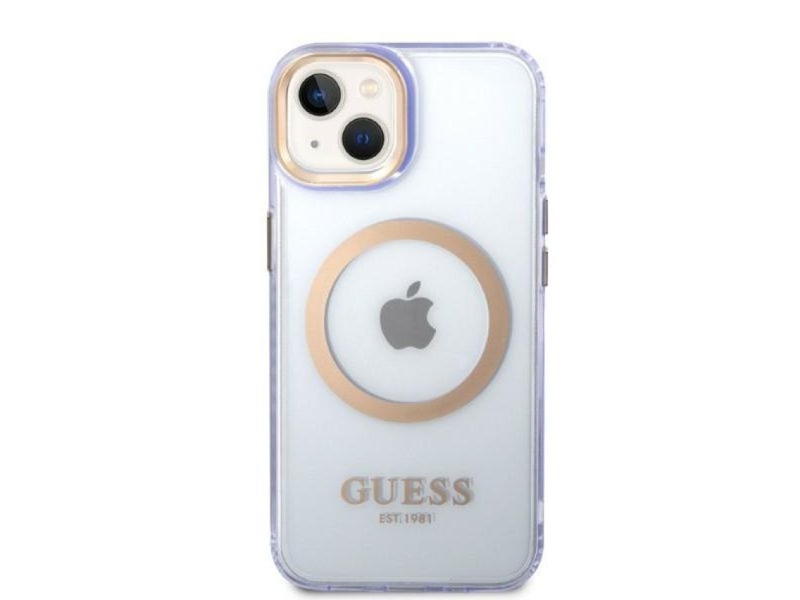 Funda rígida Guess GUHMP14SHTCMU para iPhone 14 de 6,1" color morado/morado con contorno dorado y Ma