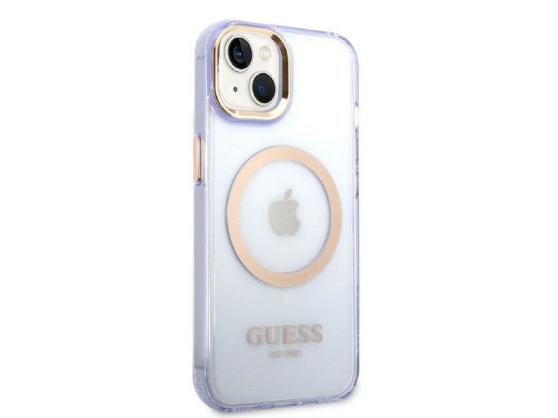 Funda rígida Guess GUHMP14SHTCMU para iPhone 14 de 6,1" color morado/morado con contorno dorado y Ma