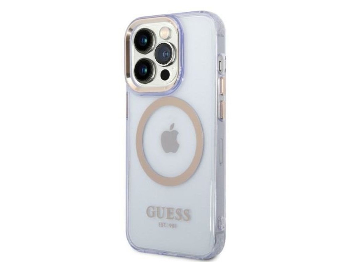 Capa rígida Guess GUHMP14LHTCMU para iPhone 14 Pro 6.1" roxa/roxa com contorno dourado e tecnologia