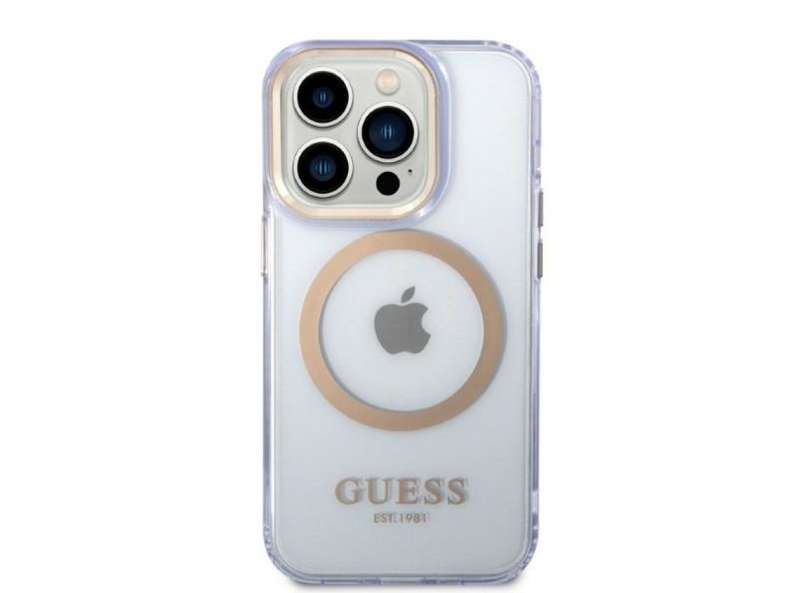 Capa rígida Guess GUHMP14LHTCMU para iPhone 14 Pro 6.1" roxa/roxa com contorno dourado e tecnologia