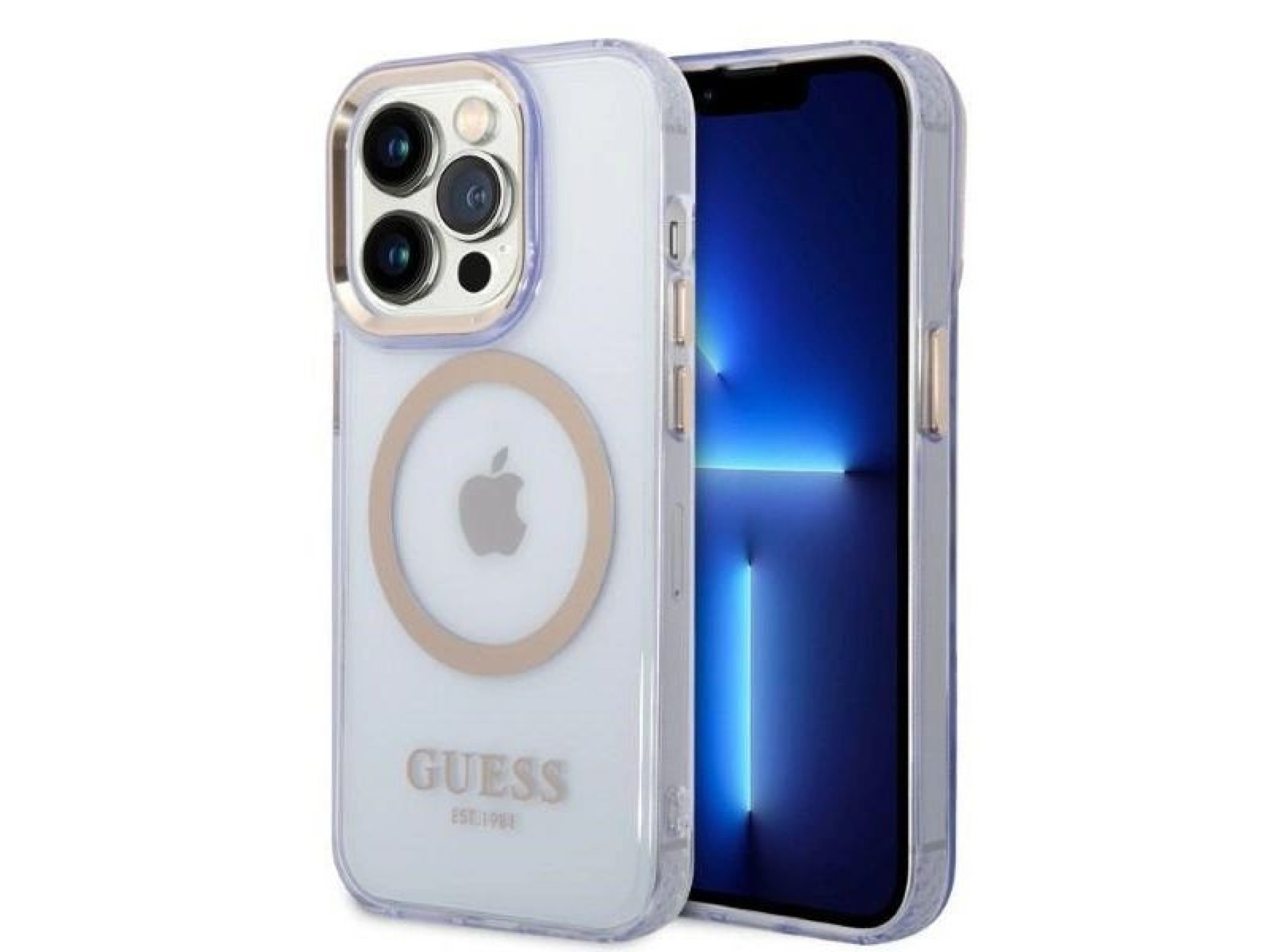Capa MagSafe translúcida com contorno dourado da Guess para iPhone 14 Pro Max de 6,7