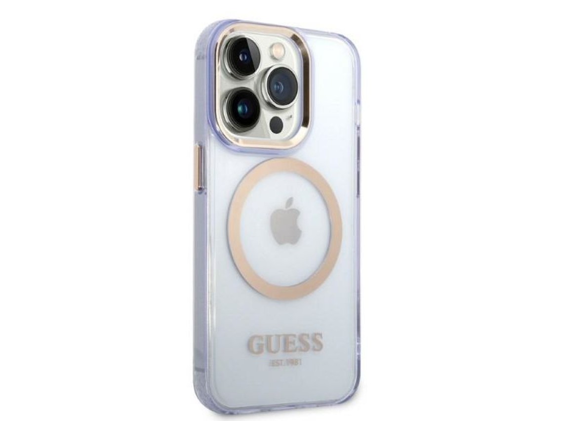 Capa MagSafe translúcida com contorno dourado da Guess para iPhone 14 Pro Max de 6,7" - Roxa