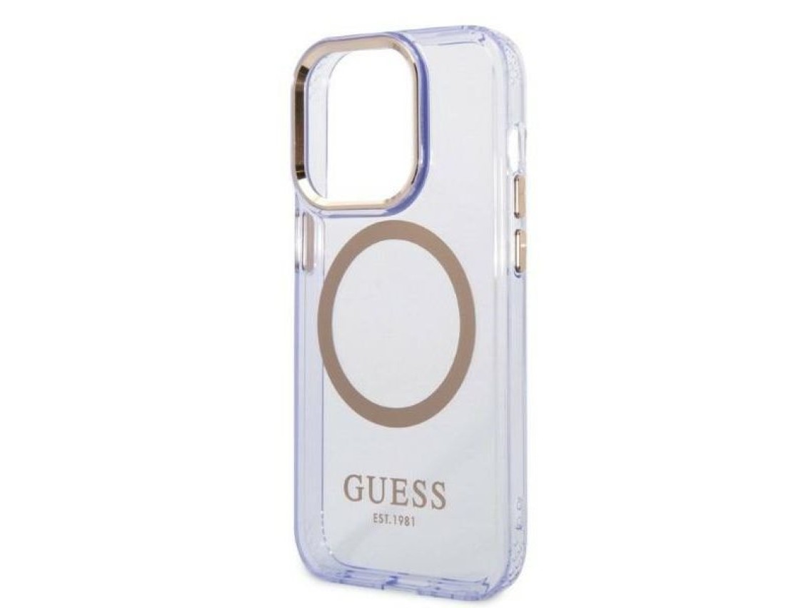 Capa MagSafe translúcida com contorno dourado da Guess para iPhone 14 Pro Max de 6,7" - Roxa