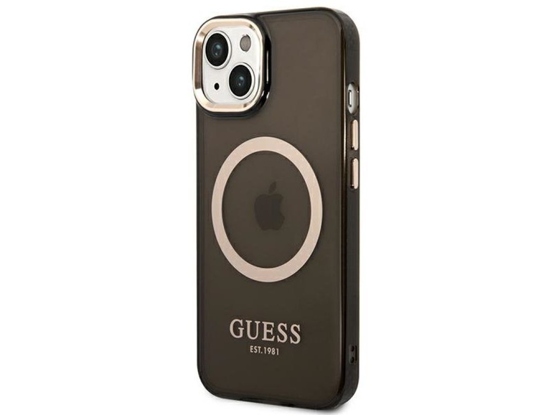 Capa rígida preta/preta Guess GUHMP14SHTCMK para iPhone 14 de 6,1 polegadas com contorno dourado e t