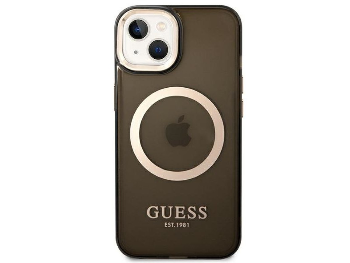 Capa rígida preta/preta Guess GUHMP14SHTCMK para iPhone 14 de 6,1 polegadas com contorno dourado e t
