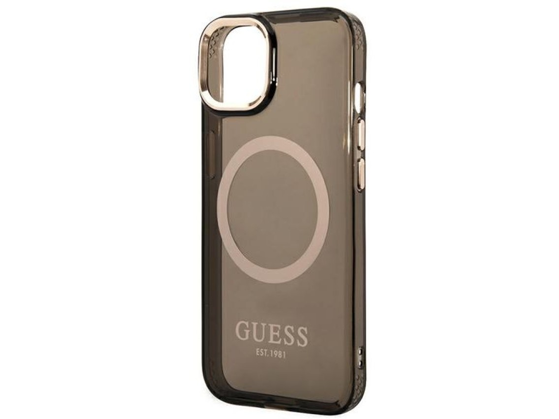 Funda rígida Guess GUHMP14MHTCMK para iPhone 14 Plus de 6,7" en color negro/negro con contorno dorad