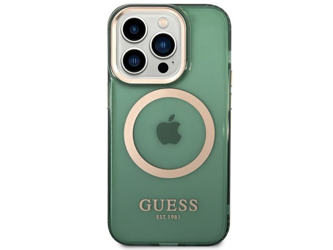 Capa r�gida Guess GUHMP14XHTCMA para iPhone 14 Pro Max 6.7" verde/c�qui com contorno dourado e tecno