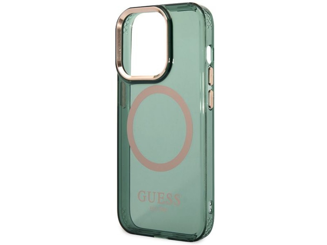 Capa r�gida Guess GUHMP14XHTCMA para iPhone 14 Pro Max 6.7" verde/c�qui com contorno dourado e tecno