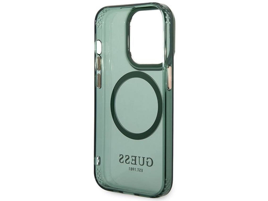 Capa r�gida Guess GUHMP14XHTCMA para iPhone 14 Pro Max 6.7" verde/c�qui com contorno dourado e tecno