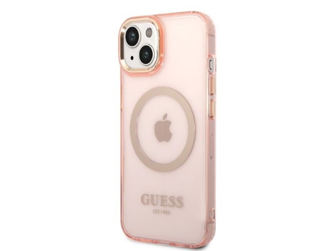 Capa rígida Guess GUHMP14SHTCMP para iPhone 14 de 6,1" rosa/rosa com contorno dourado e tecnologia M